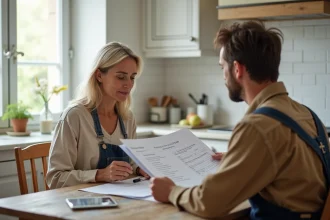 Propriétaire et artisan peintre négociant un devis de peinture au m2 autour d'une table de cuisine