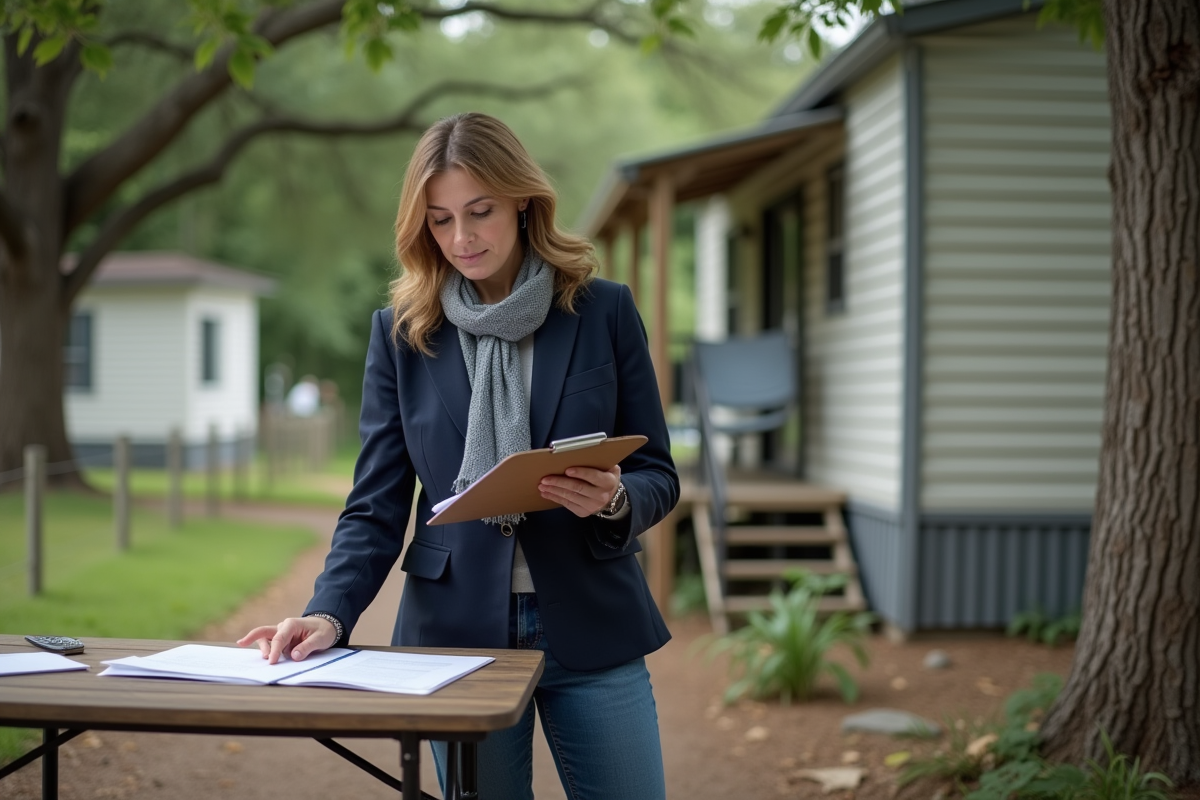 Femme officielle examinant des documents à côté d un mobile home