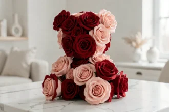 Ourson en roses éternelles préservées posé sur du marbre blanc, pétales de roses rouges et roses avec texture veloutée visible en détail