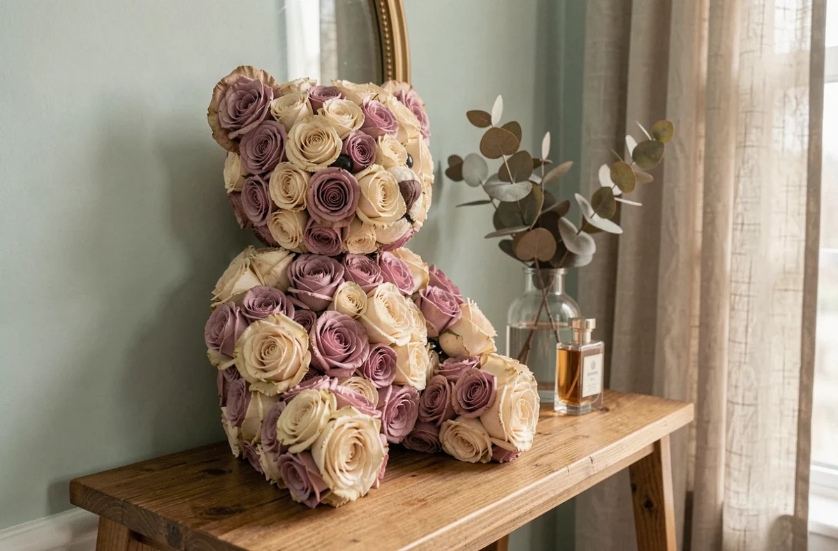 Ourson en roses stabilisées crème et mauves sur une étagère de coiffeuse en bois avec eucalyptus séché et flacon de parfum vintage