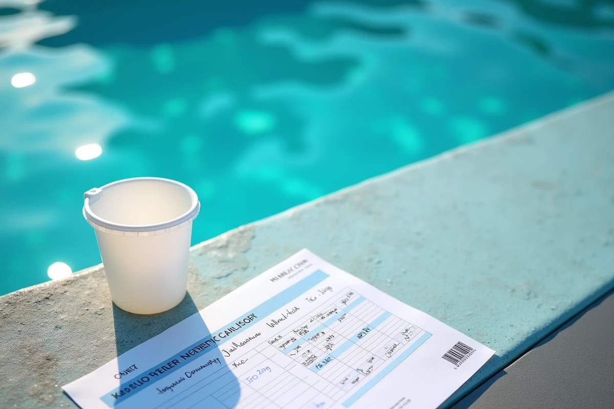 Vue aérienne des outils de correction de l'alcalinité piscine avec tasse doseuse, acide muriatique et fiche de suivi chimique