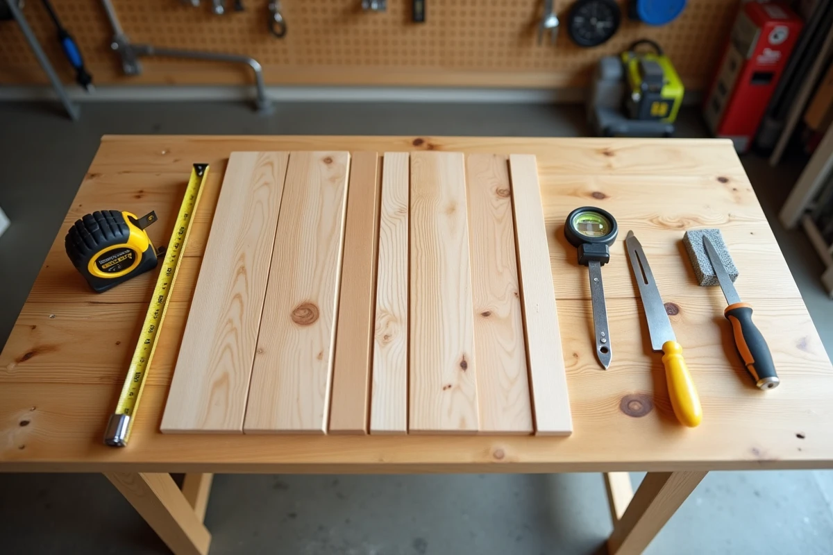 Pose à plat des outils et matériaux nécessaires à l'installation d'un panneau tasseau bois auto-adhésif