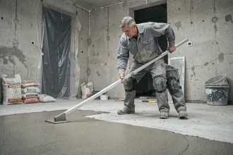 Ouvrier du bâtiment appliquant une chape de béton à la règle aluminium sur un plancher en rénovation intérieure