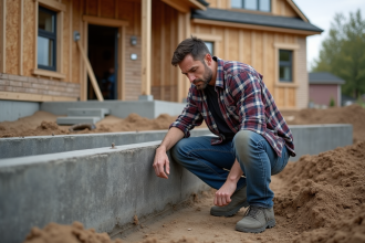 Ouvrier inspectant la fondation d'une maison en extérieur
