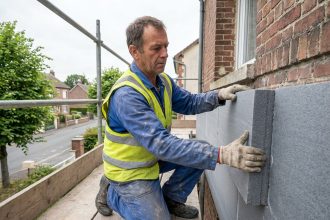 Ouvrier en tenue de chantier appliquant des panneaux d'isolation extérieure