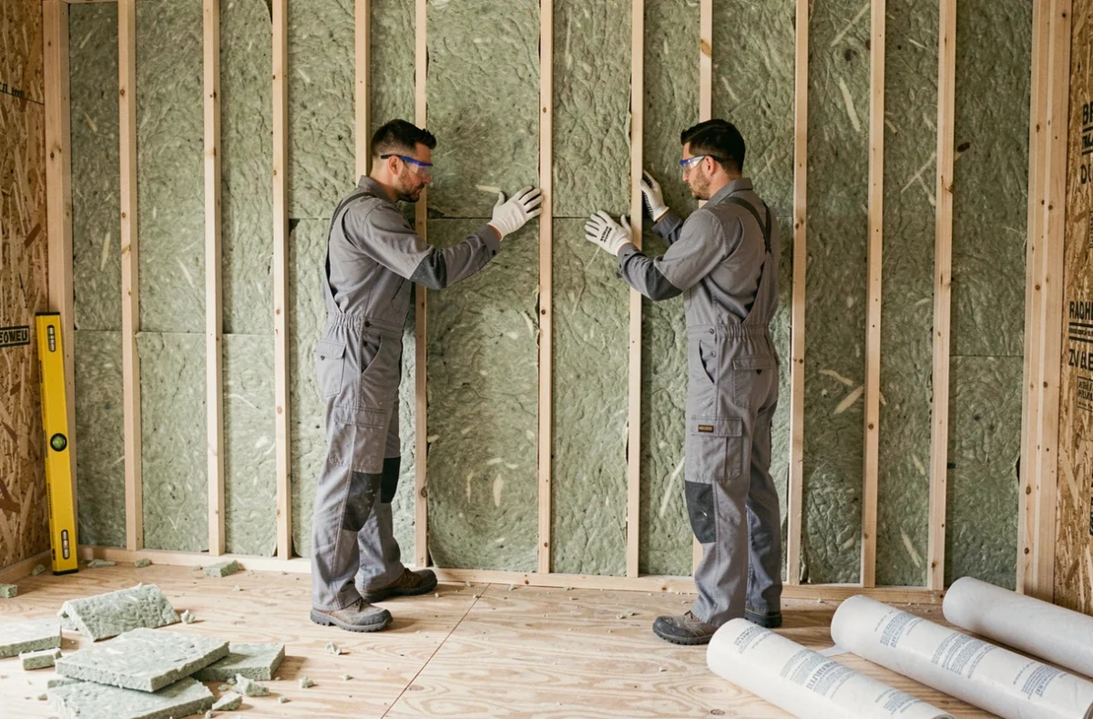 Deux ouvriers posant des panneaux d'isolation en laine de verre dans une maison en rénovation