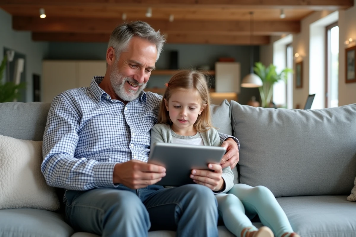 Père et fille explorant une application de design intérieur à la maison