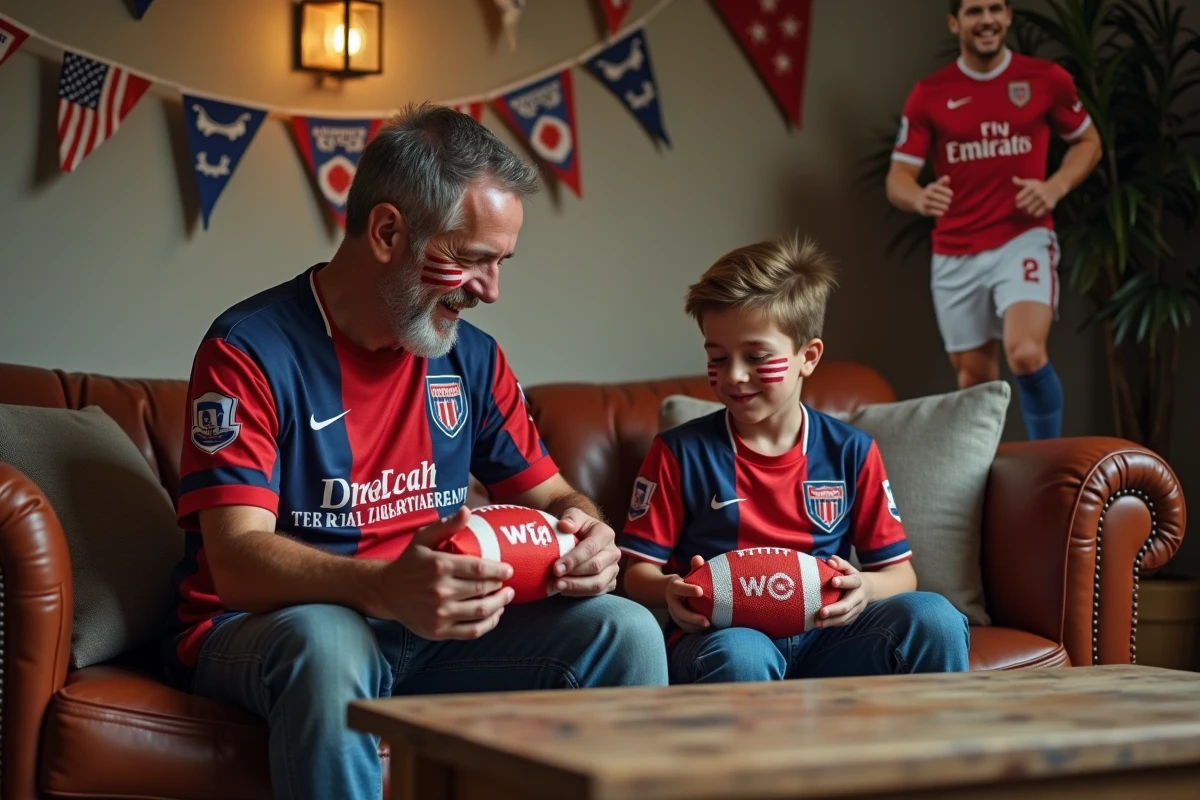 Père et fils décorant un canapé avec des coussins football