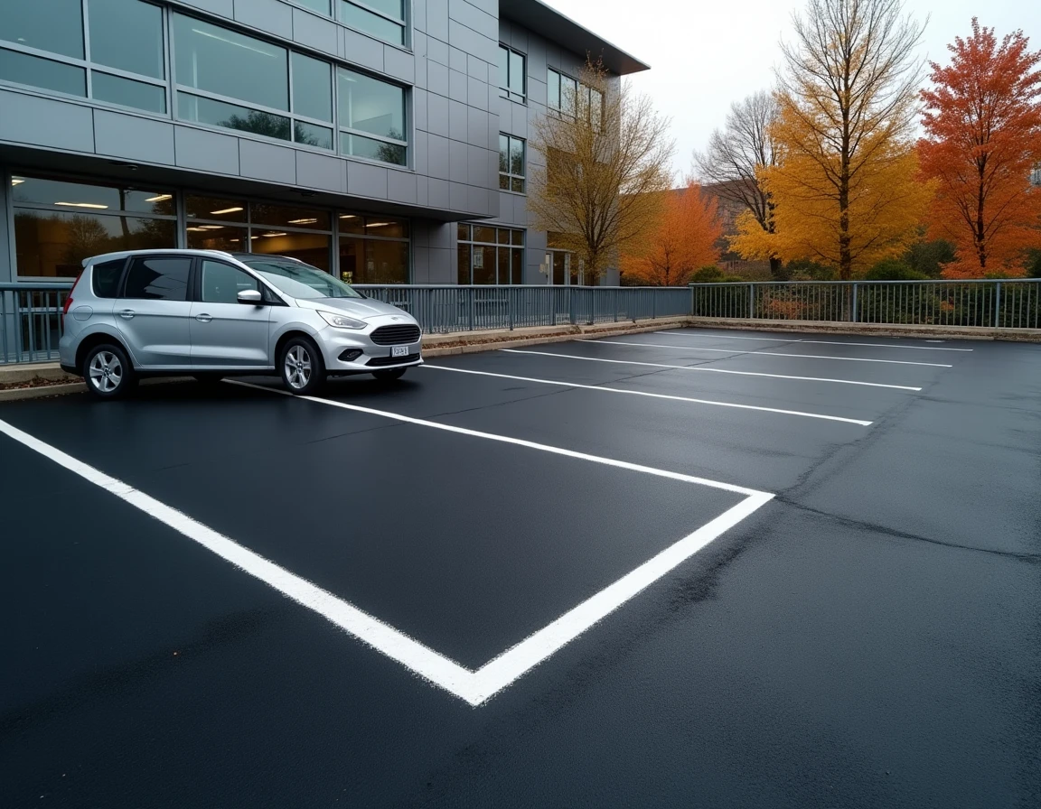 Petit parking privé en enrobé noir avec marquages blancs au sol devant un bâtiment commercial moderne