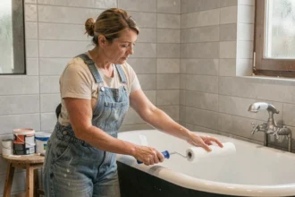 Femme appliquant de la peinture époxy blanche sur une baignoire en fonte dans une salle de bain rénovée pour éviter l'écaillage lié à l'humidité
