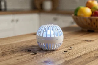 Piège à moucherons électrique UV posé sur un comptoir en bois dans une cuisine moderne