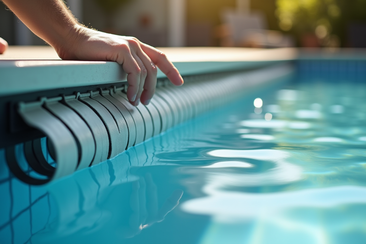 Piscine extérieure moderne avec couverture solide et personne testant sa résistance