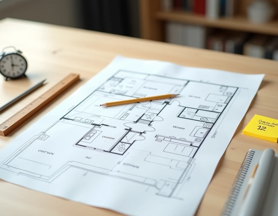 Plan architectural d'une maison plain pied 100m2 avec 3 chambres posé sur un bureau en bois
