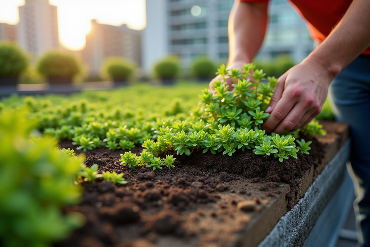 Main plantant des sedums sur un toit végétal en plein jour