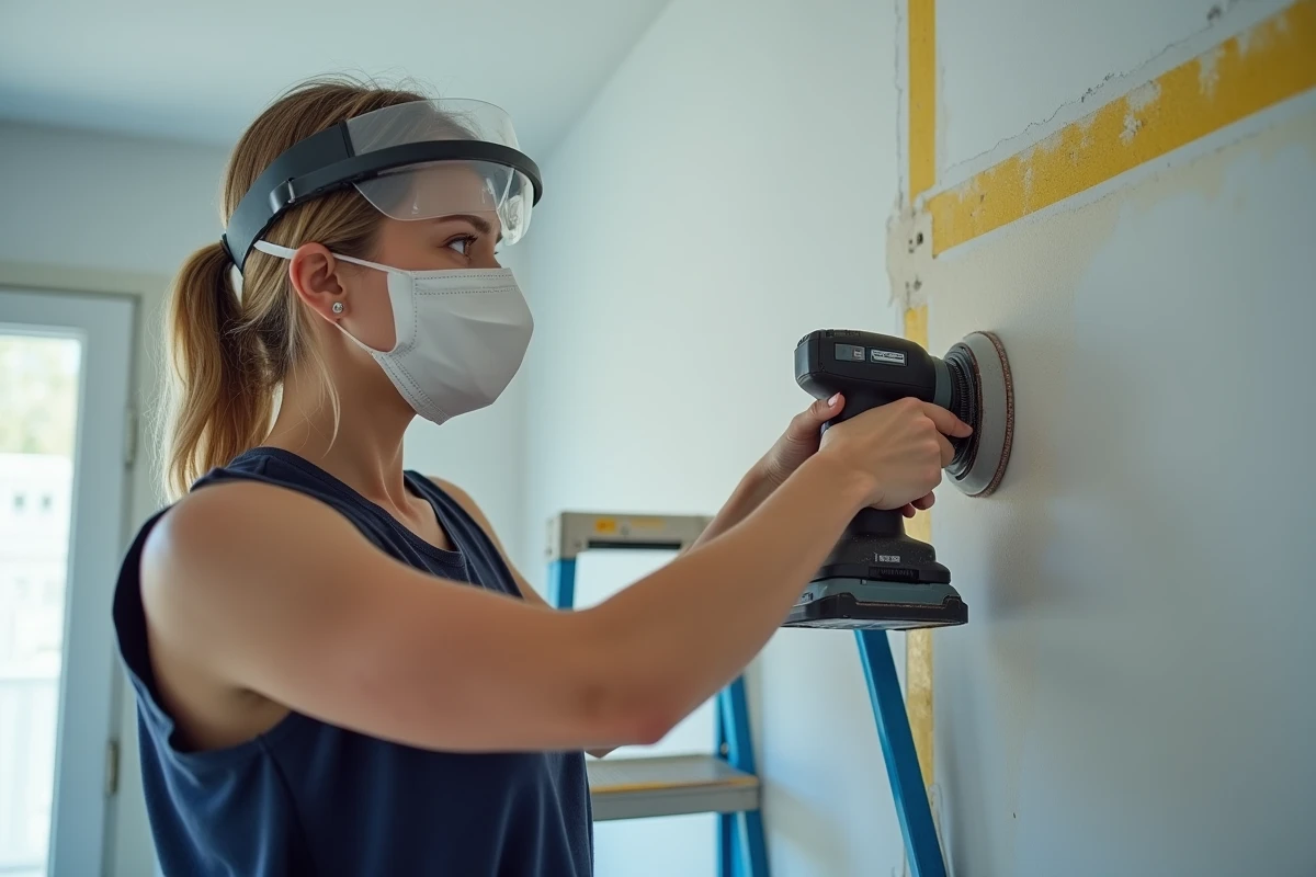 Femme ponçant une réparation de plafond avec un outil à aspiration intégrée pour limiter la poussière dans une chambre en rénovation
