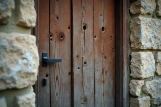 Porte ancienne en bois avec galeries et trous d'insectes xylophages visibles sur la surface