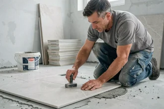 Artisan posant du carrelage grand format dans une salle de bain en rénovation, illustrant le coût de pose au m²
