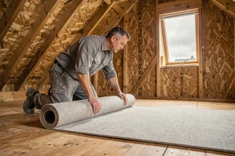 Artisan posant une moquette isolante thermique sur le plancher d'un comble aménagé avec poutres en bois apparentes