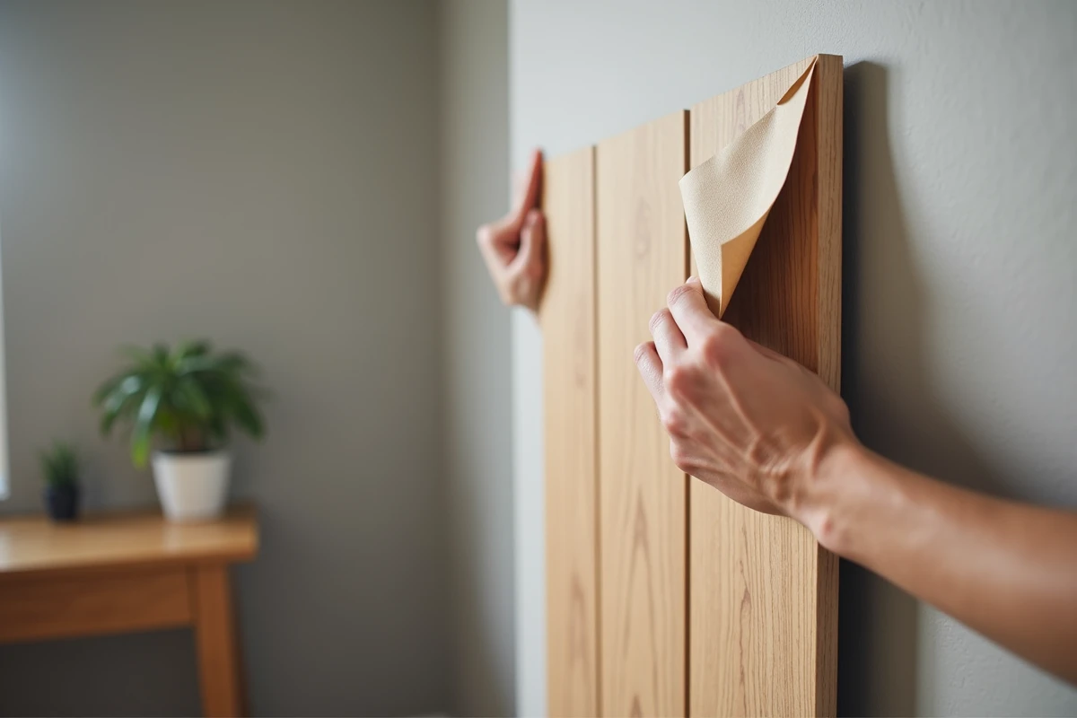 Gros plan sur les mains appliquant un panneau tasseau bois auto-adhésif sur un mur, montrant la couche adhésive