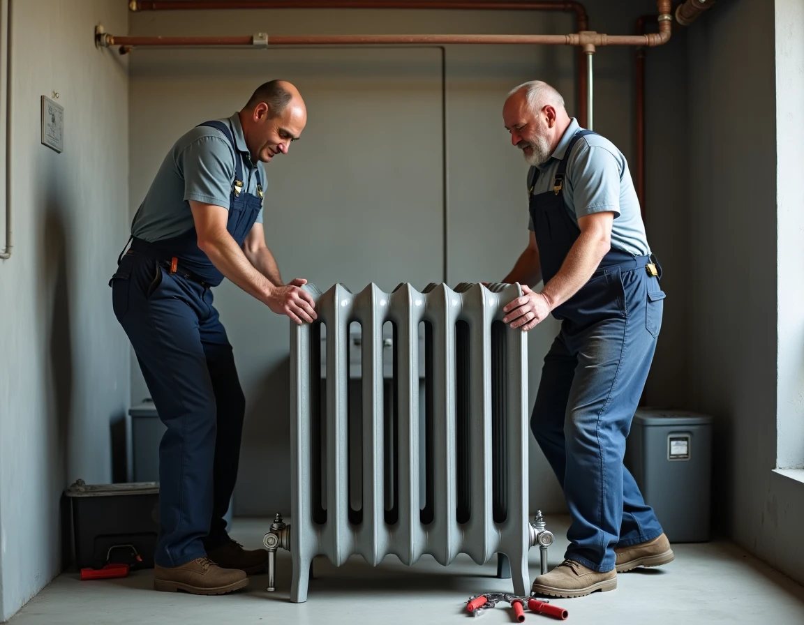 Deux plombiers soulevant un lourd radiateur en fonte multi-sections lors de la pose dans une pièce technique