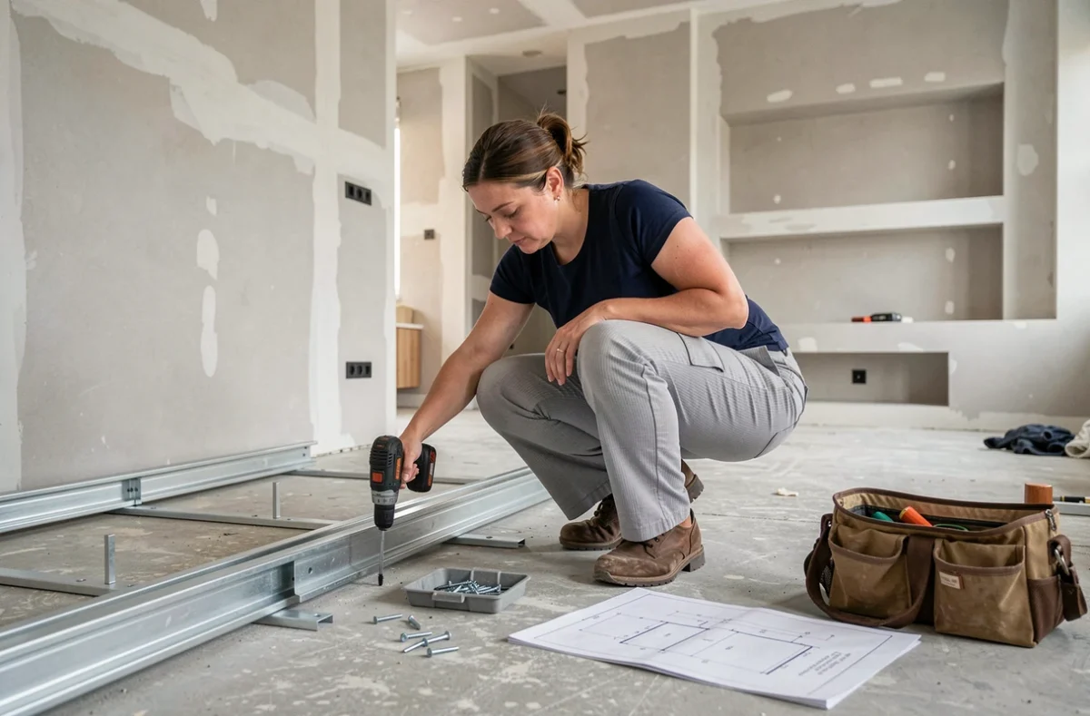 Femme posant les rails métalliques au sol pour l'ossature d'un meuble TV en placo dans un salon en rénovation
