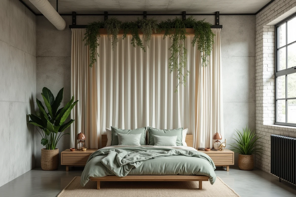 Chambre en mezzanine avec poutre IPN acier réutilisée en tringle décorative dans un loft au style contemporain