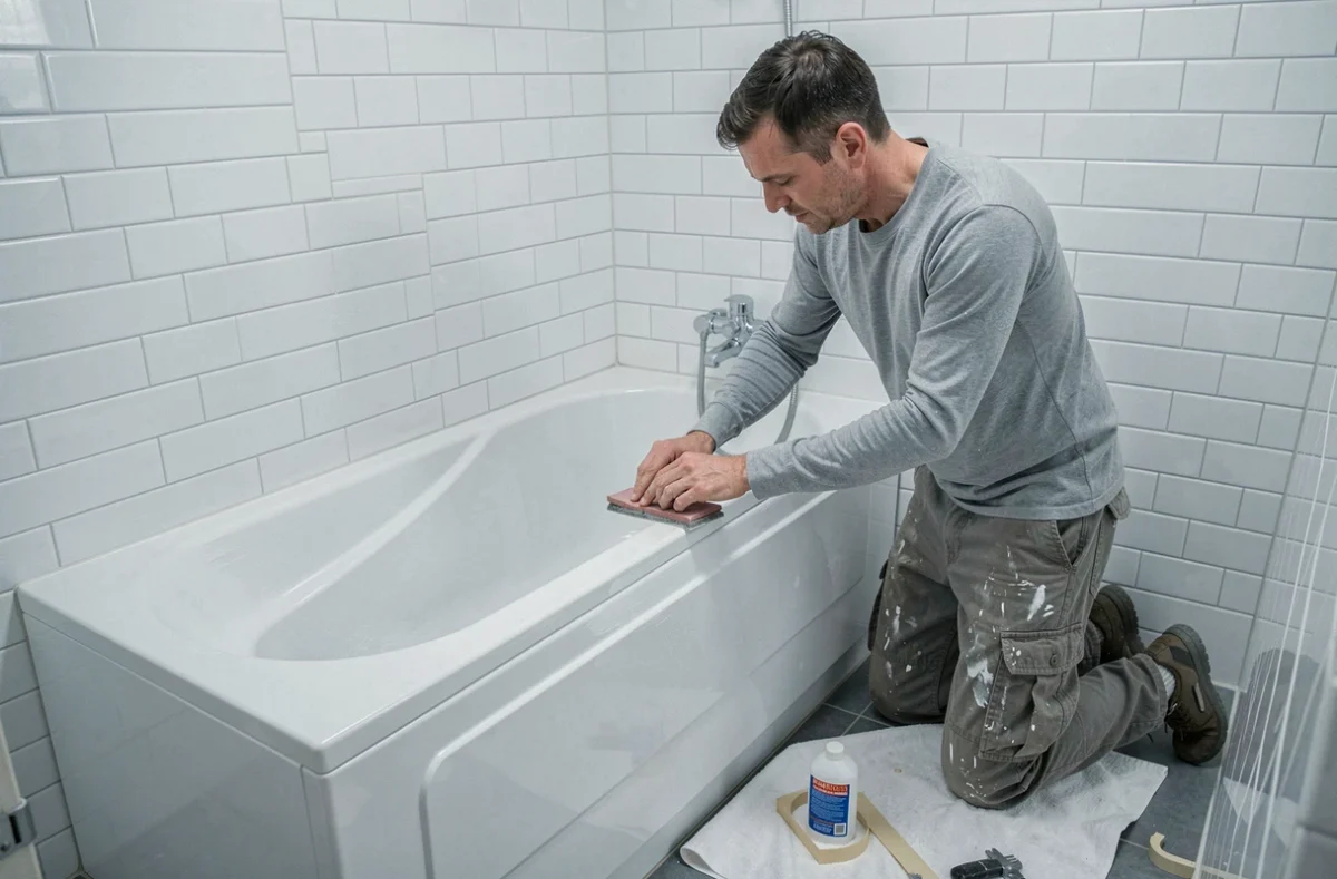 Homme ponçant une baignoire acrylique encastrée avant application d'une peinture anti-humidité dans une petite salle de bain d'appartement