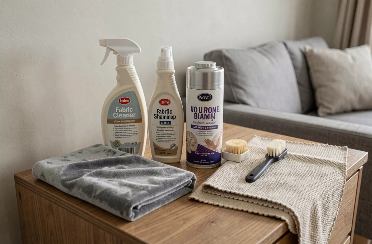Produits de nettoyage pour shampouineuse alignés sur un meuble en bois avec des échantillons de tissu et velours de canapé