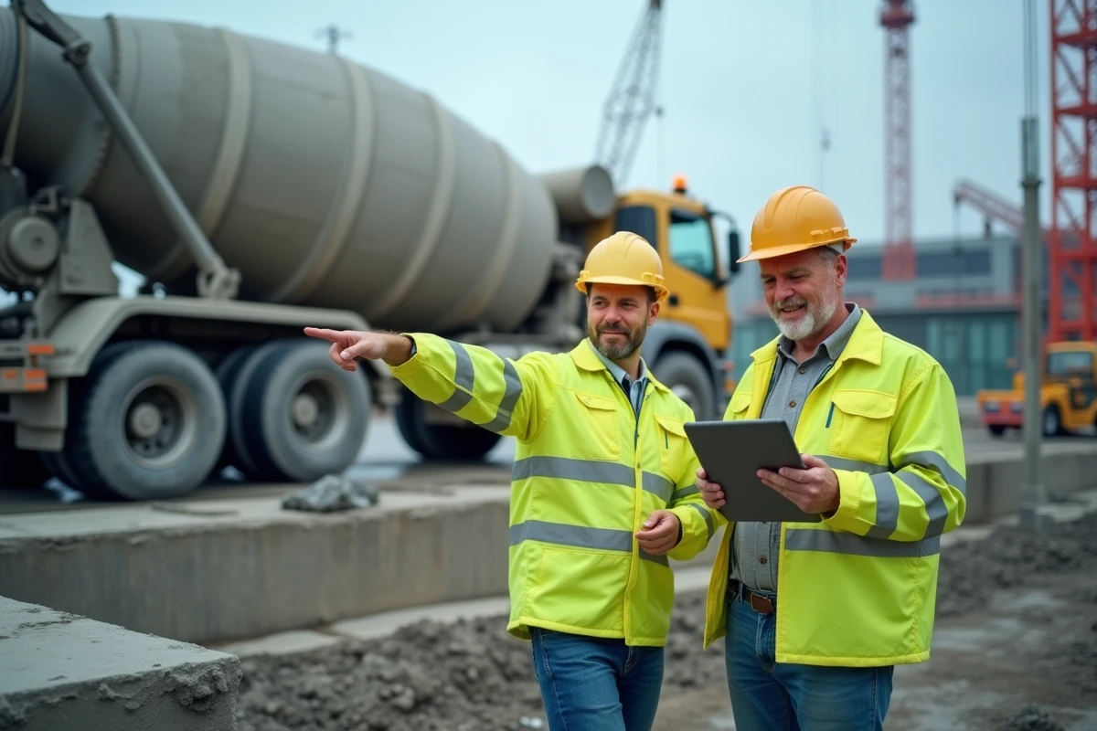 Deux professionnels du BTP consultant une application de calcul de m3 de béton sur tablette sur un chantier commercial