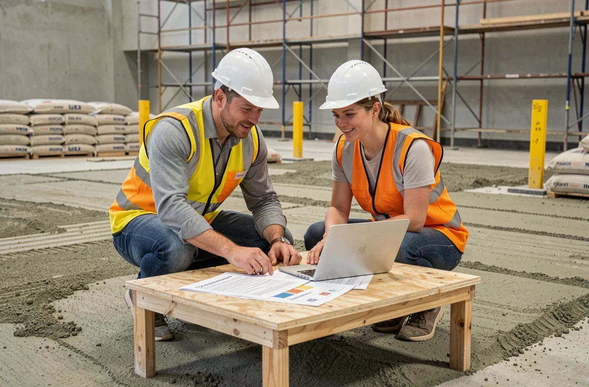 Deux professionnels du bâtiment consultant des plans de dosage pour chape béton sur un chantier de construction