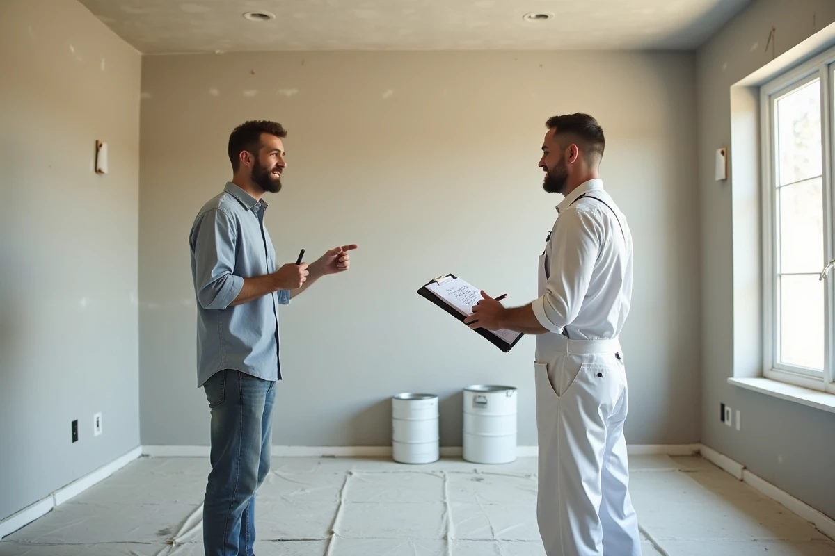 Propriétaire discutant du prix au m2 avec un artisan peintre dans un salon en cours de rénovation