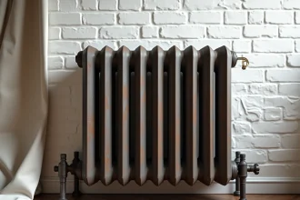 Radiateur en fonte ancien modèle posé contre un mur en brique dans un appartement haussmannien lors d'une évaluation avant pose