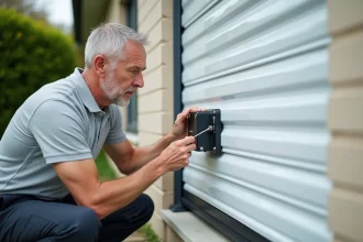 Technicien réglant le moteur d'un volet roulant Bubendorff sur une façade de maison individuelle