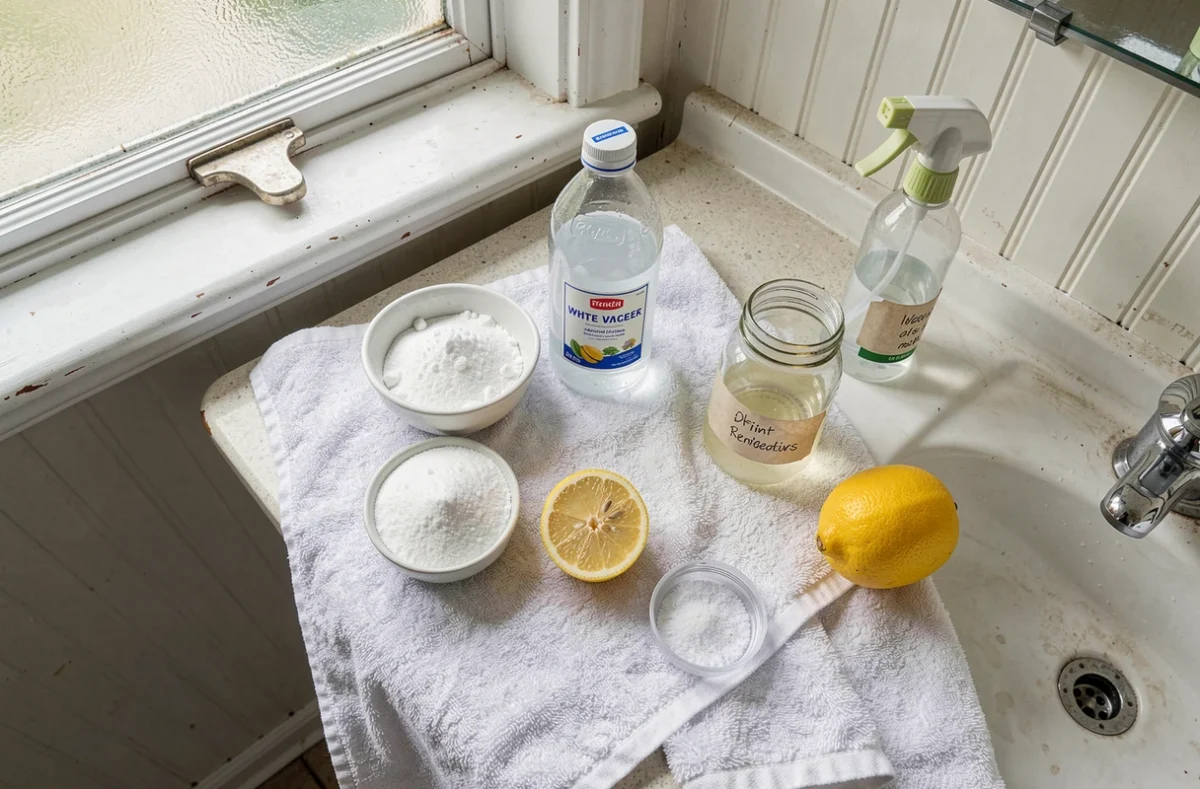 Vue de dessus des remèdes naturels maison pour traiter les mouches à drains dans la salle de bain