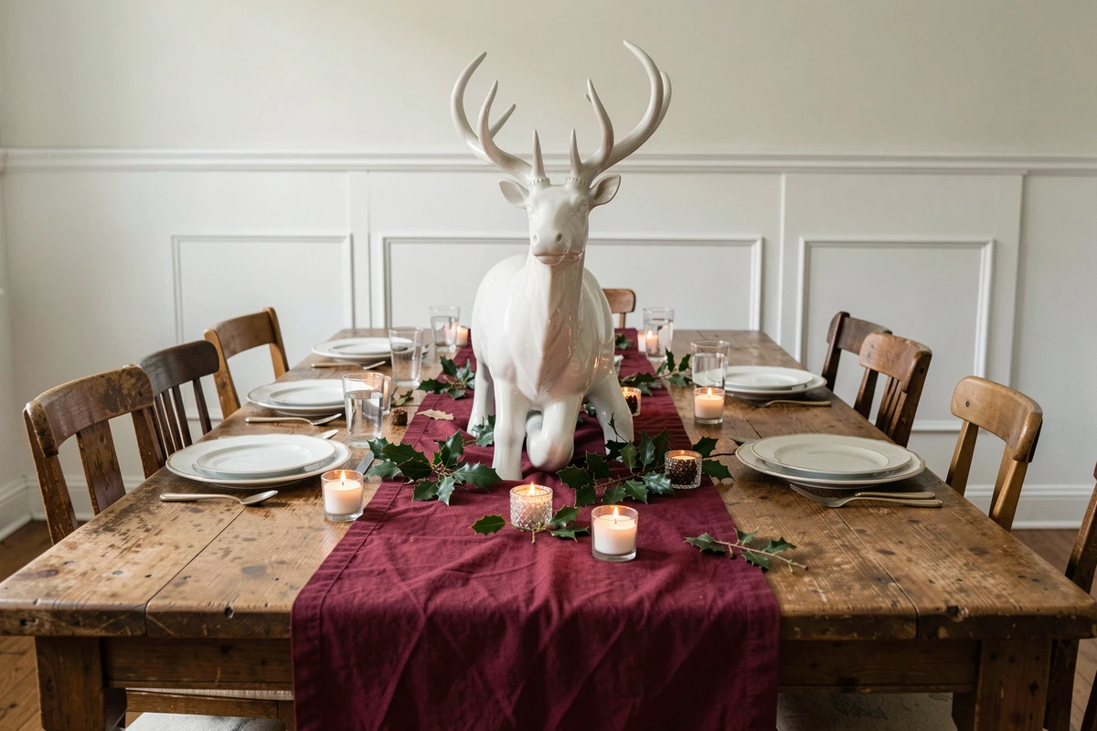 Centre de table de salle à manger décoré avec un renne en céramique surdimensionné perturbant l'harmonie visuelle, illustration des erreurs classiques de décoration de Noël hivernale
