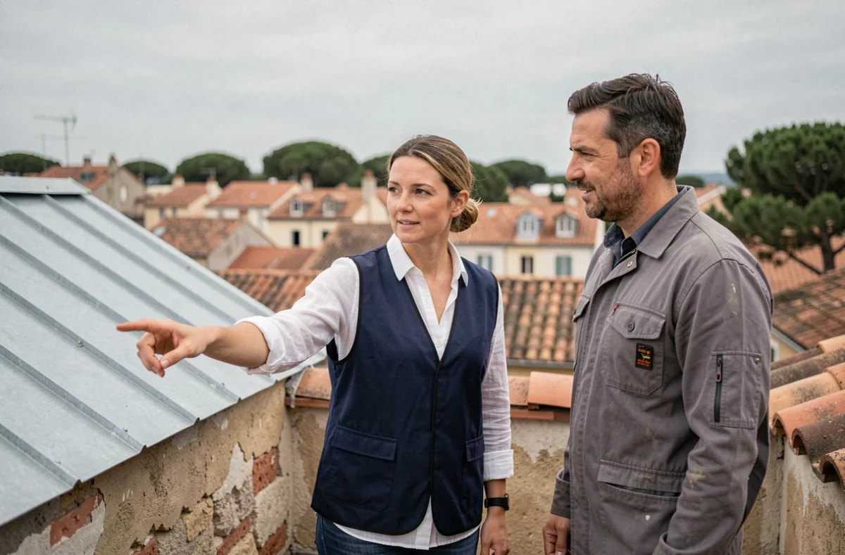 Cheffe de projet et ouvrier supervisant la toiture renovee d une maison de ville style bordelais en Nouvelle-Aquitaine
