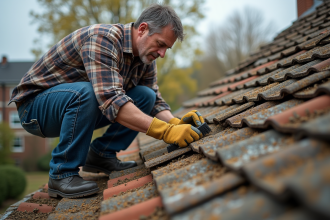 Homme d'âge moyen inspectant des tuiles de toit anciennes