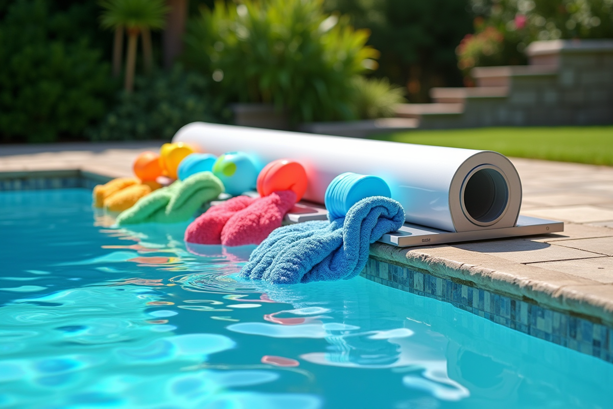 Coupe transversale d une couverture de piscine soutenant des jouets colorés et serviettes