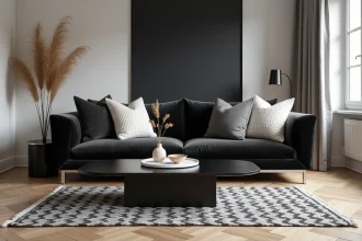 Salon contemporain en noir gris et blanc avec canapé velours anthracite, table basse noire et tapis géométrique