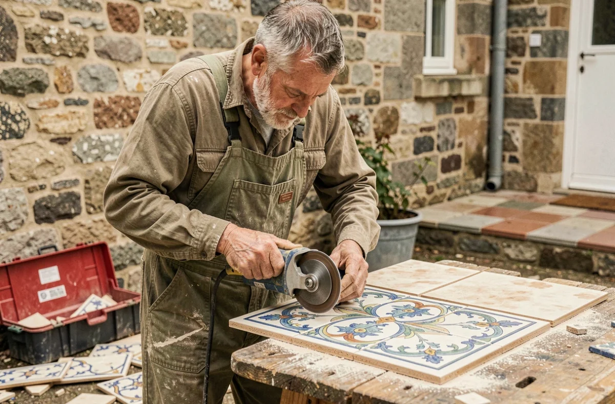 Carreleur expérimenté découpe une pièce de carrelage décoratif dans une cour de maison bretonne pour Sarl Carrelages S.F.R.