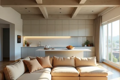 Séjour cuisine en open space dans une maison plain pied de 100m2 avec parquet chêne et îlot central blanc
