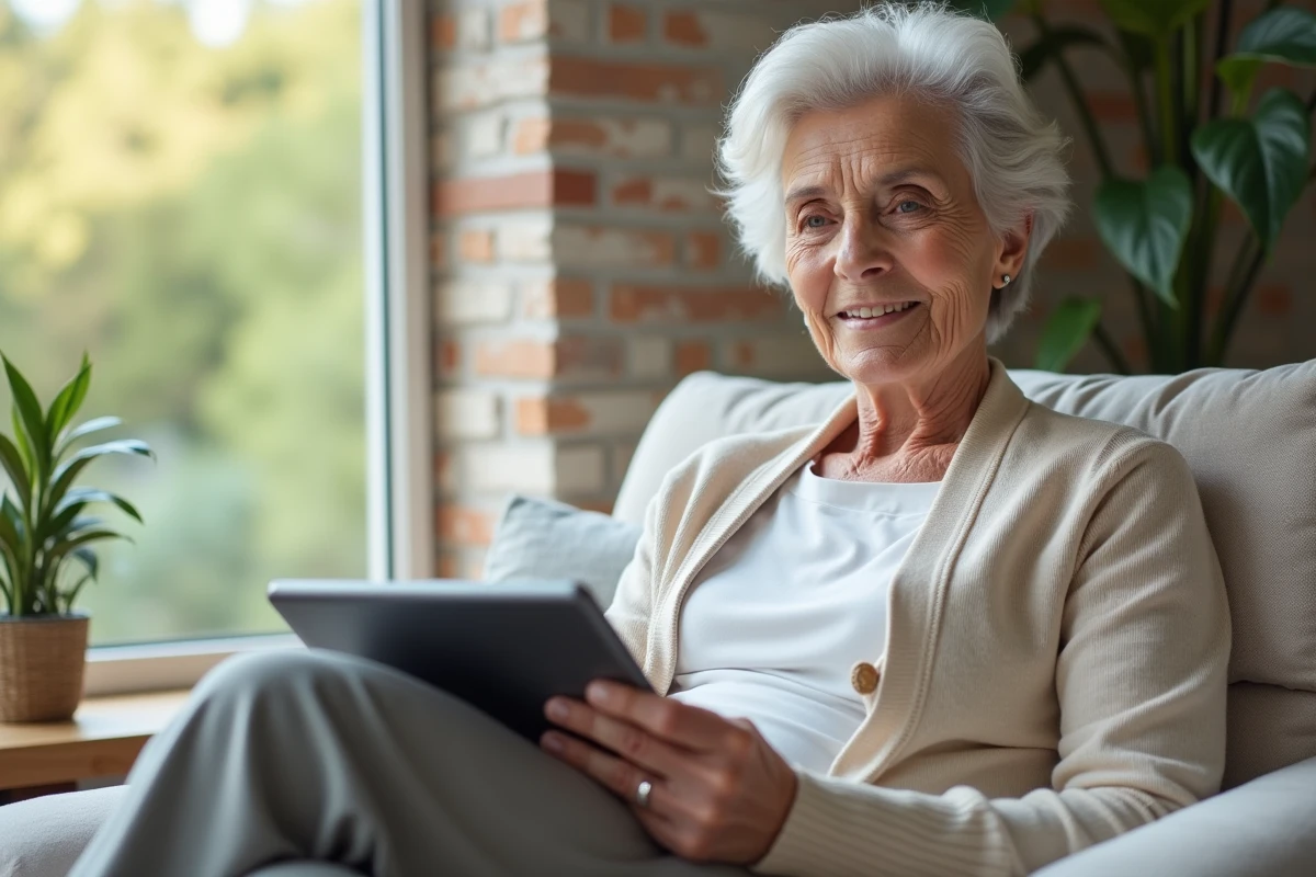 Femme senior détendue dans un salon rénové avec tablette