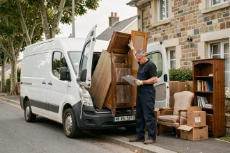 Professionnel de débarras chargeant des meubles usagés dans un camion devant une maison résidentielle