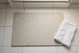 Tapis de bain en diatomite gris posé sur carrelage blanc avec quelques gouttes d'eau visibles sur sa surface poreuse