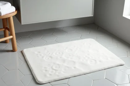 Tapis de bain en pierre de diatomite blanc posé sur un carrelage gris dans une salle de bain moderne et épurée