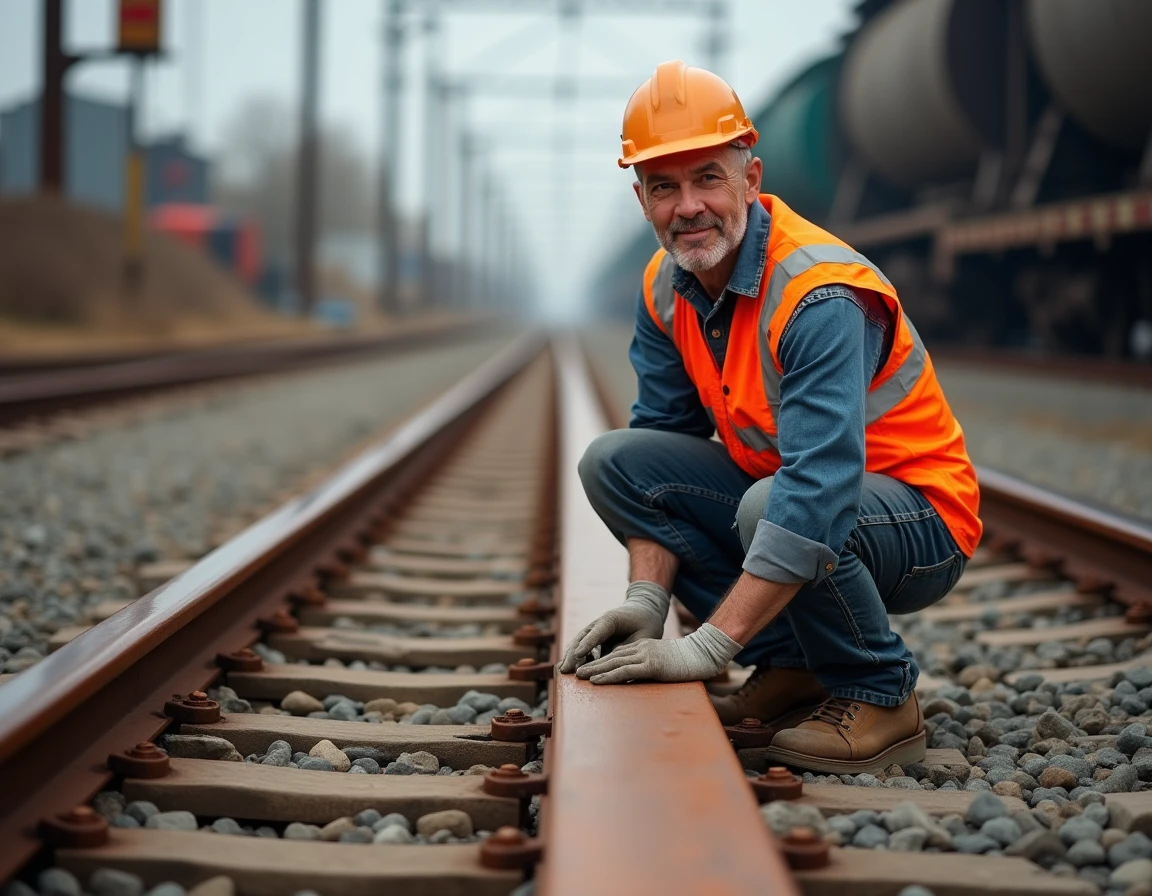 Technicien ferroviaire inspectant une traverse en bois exotique lors d'une opération de maintenance sur voie ferrée