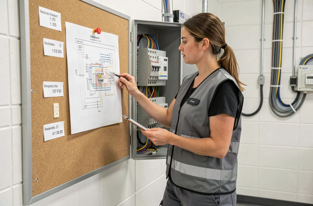 Technicienne électricité consultant un schéma de câblage pour un circuit triphasé 4 fils dans un tableau de distribution