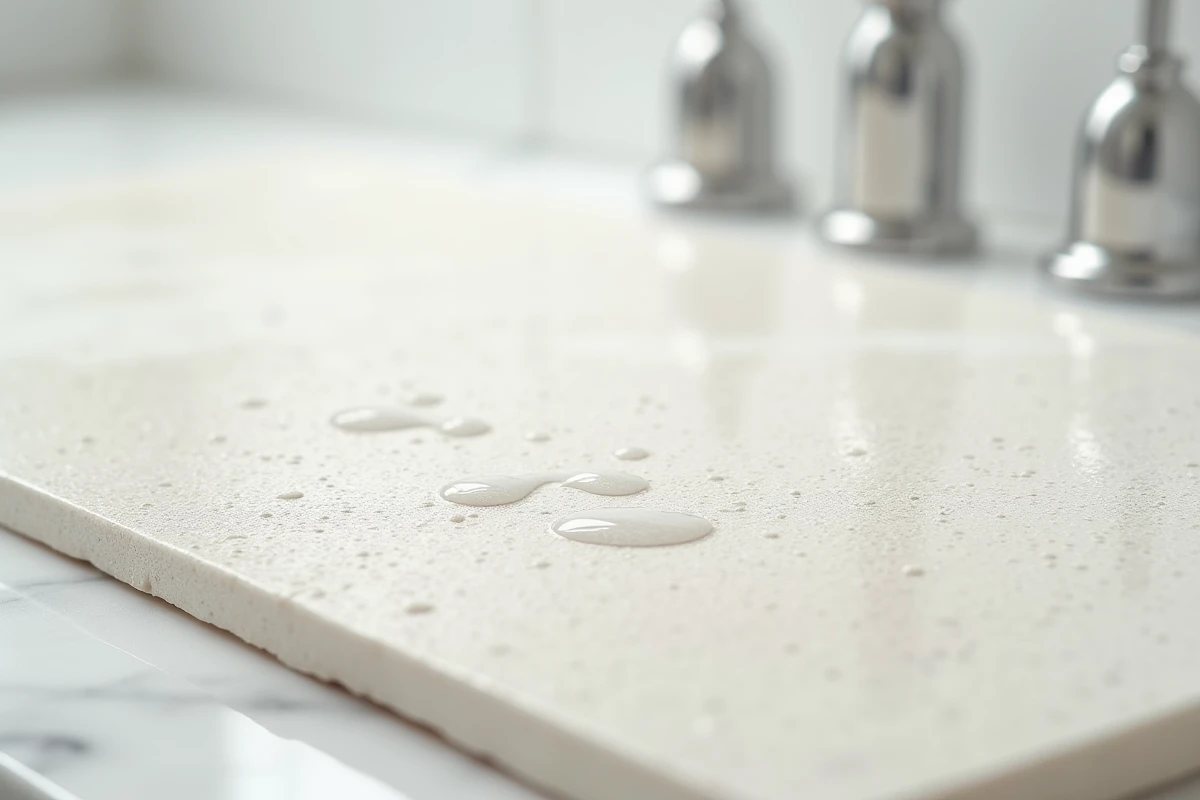 Gros plan sur la texture poreuse d'un tapis en pierre de diatomite avec gouttes d'eau absorbées en surface