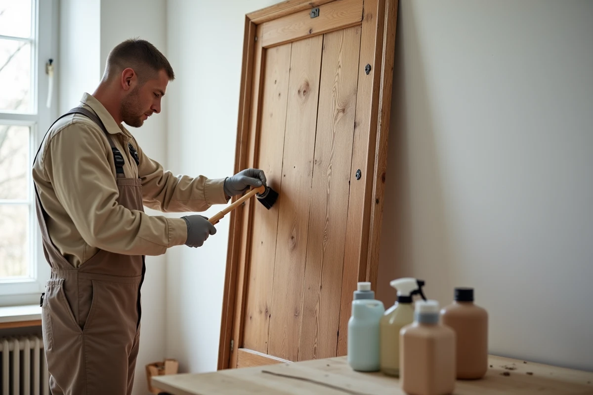Artisan appliquant un traitement anti-xylophages sur une vieille porte en bois intérieure