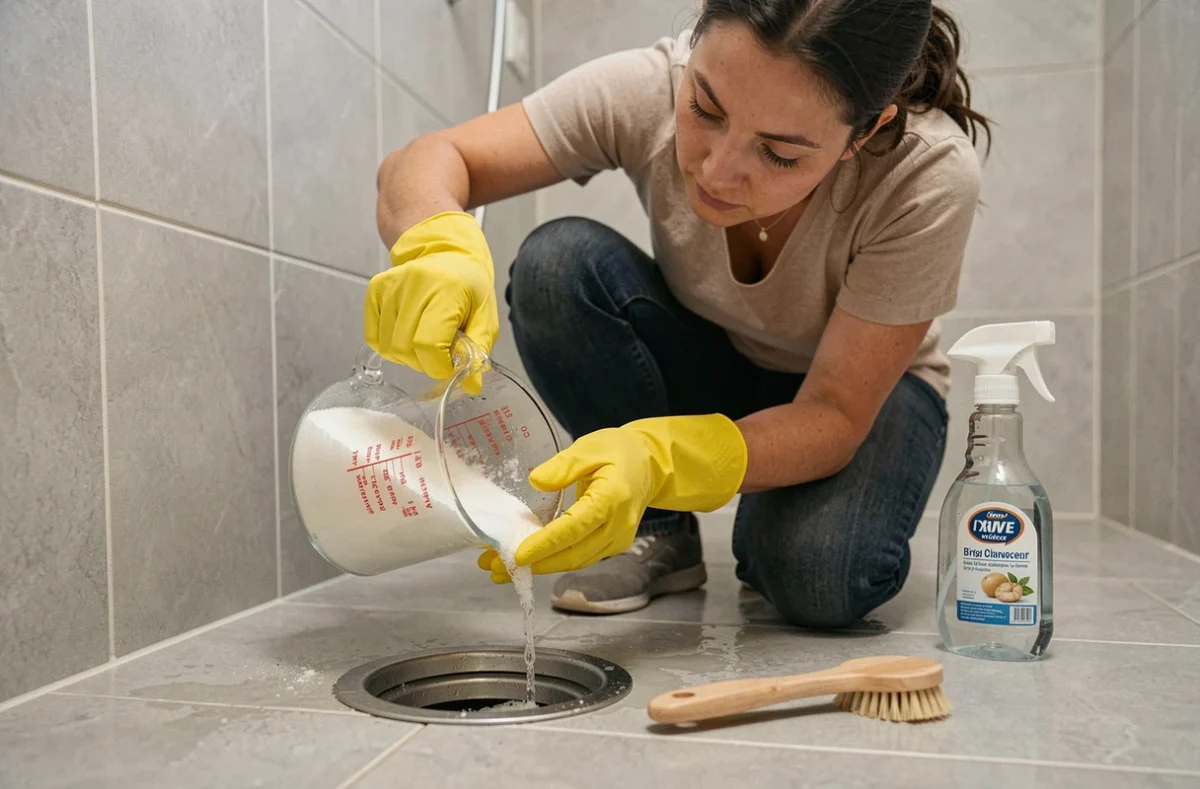 Femme utilisant un traitement maison bicarbonate et vinaigre pour éliminer les mouches à drains dans la douche